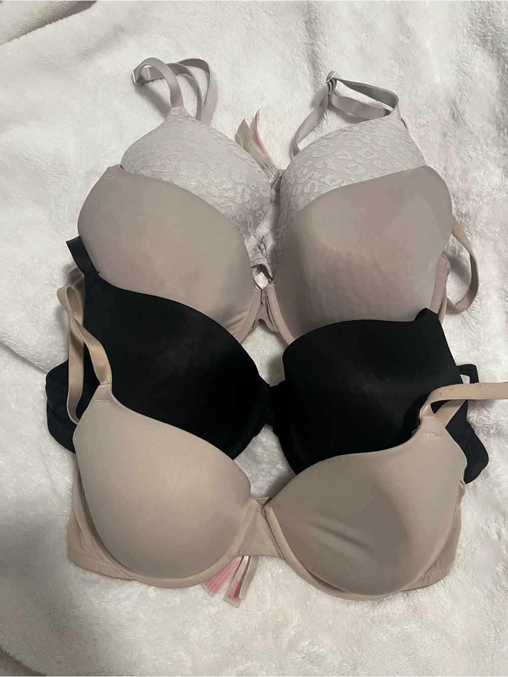 Four Victoria’s Secret Pink Women's T-Shirt 36D Bras- Black, white and beige